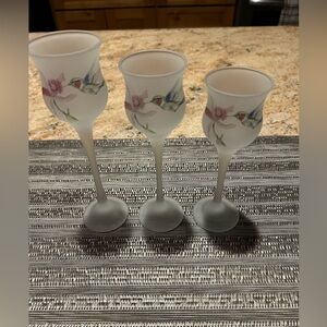 Set of 3 Hummingbird Orchid Frosted Tea Light Candle holders L.E. Smith Glass Co